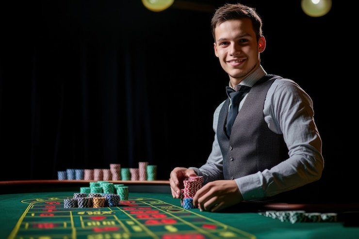 Dealer profesional padi777 melempar dadu dalam studio live-dealer berkualitas HD
